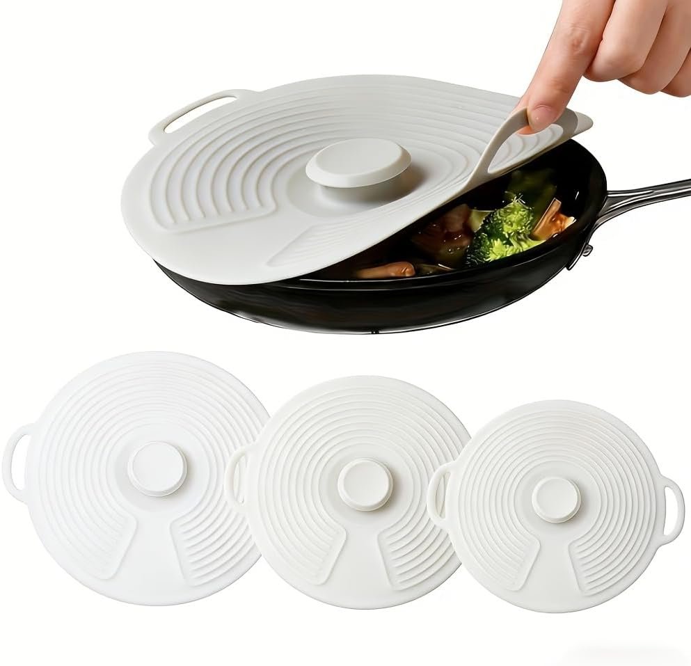 Silicone Lids for Pots and Pans 3pcs Set, Microwave Splatter Cover Silicone, Reusable Suction Seal Bowls Covers with Double Handle, Heat-Resistant Universal Lid for Frying Pans, Plates, Cups