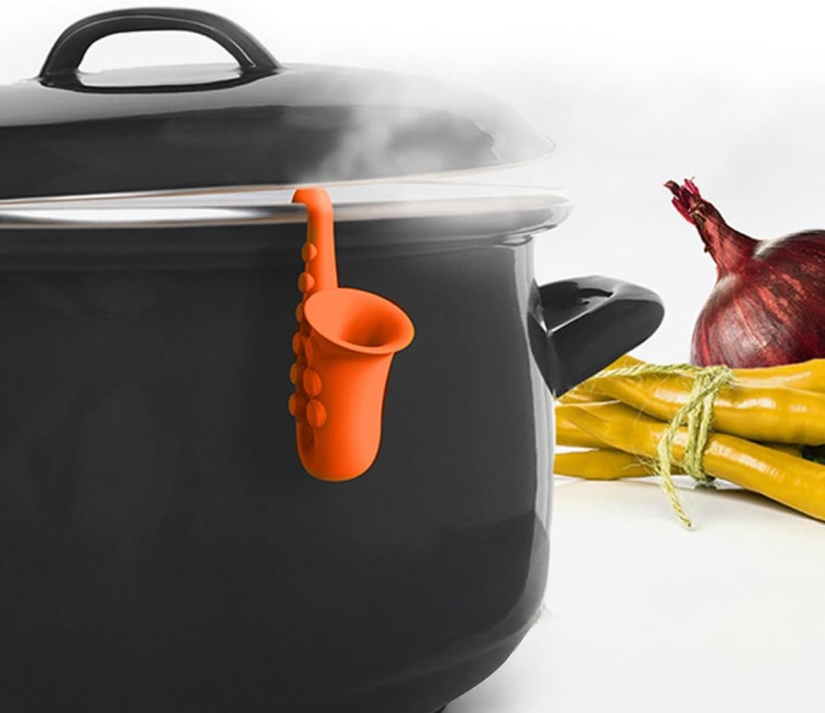 Saxophone Silicone Pot Cover - Creative Kitchen Gadget with Steam Vent, Musical Instrument-Shaped Anti-Overflow Device for Pots/Pans (Orange)