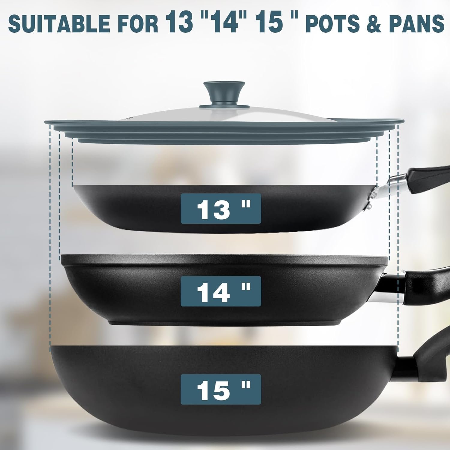 13-14-15 in Universal Lid for Oversized Pots, Pans and Skillets, Extra Large Pot Lid Tempered Glass Lid with Heat-Resistant Silicone Edge, Cookware Lids, Replacement Frying Pan Cover, Grey