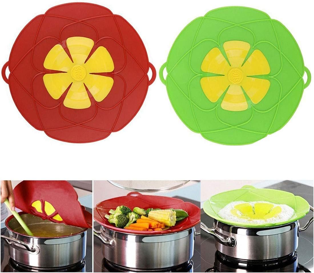 2Pcs Spill Stopper Lid Cover, Boil Over Safeguard, 10.2 inch Silicone Spill Stopper Pot Pan Lid, Multi-Function Cooking Tool, Kitchen Gadgets, for Cooking Cover, Parents, Friends, Green& Red