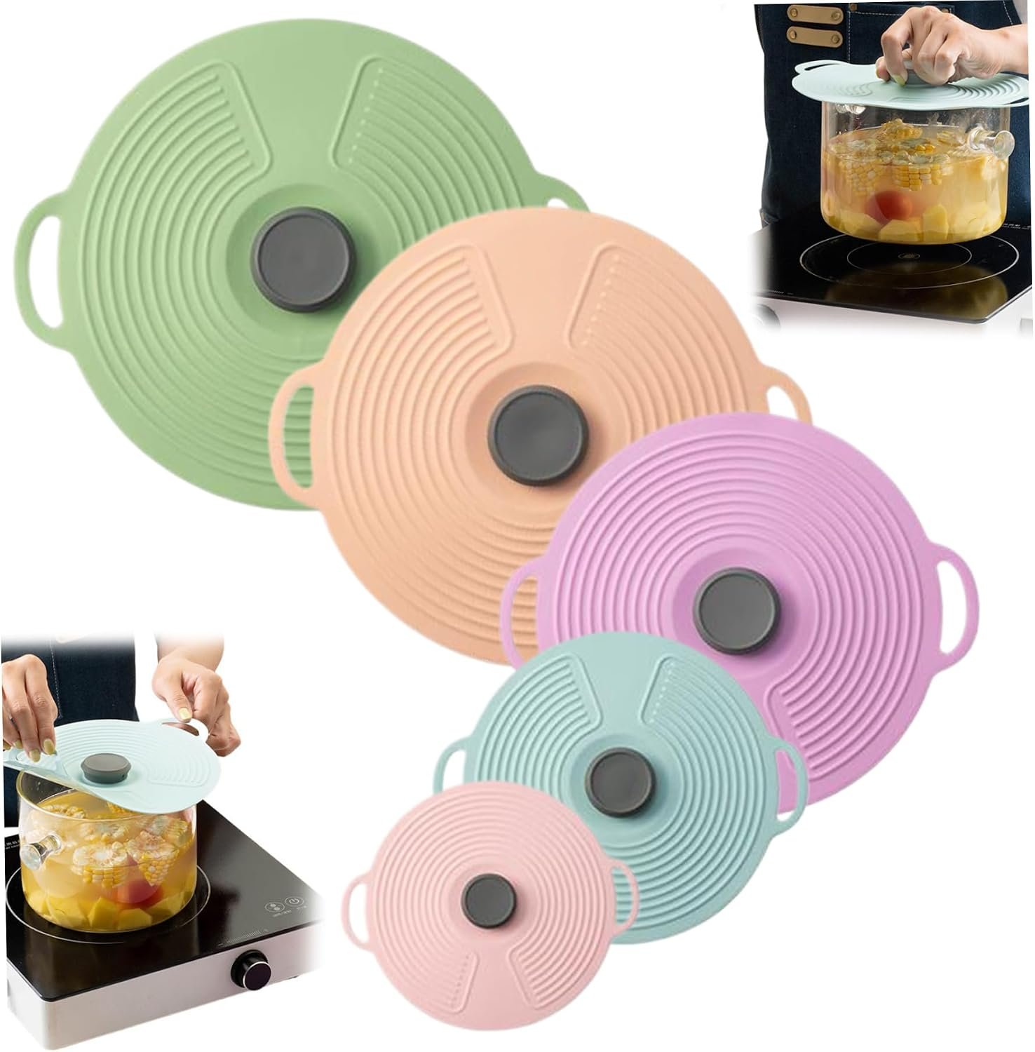 Silicone Lids 5Pcs Silicone Lids for Pots and Pans 12.4/11/9.1/7.9/6'' Silicone Pot Lids Food Grade Silicone Bowl Covers with Handle Reusable Suction Seal Covers