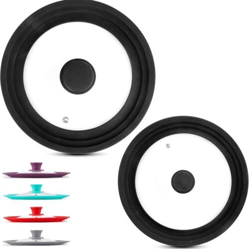 Universal Lids (Set of 2) Fits 7 to 12-Inch Cookware, Silicone Replacement Pan Lid, Glass Top Covers for Skillets, Pots, Frying Pans, Cast Iron, - Black