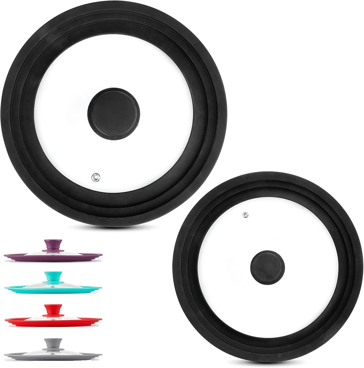 Universal Lids (Set of 2) Fits 7 to 12-Inch Cookware, Silicone Replacement Pan Lid, Glass Top Covers for Skillets, Pots, Frying Pans, Cast Iron, - Black
