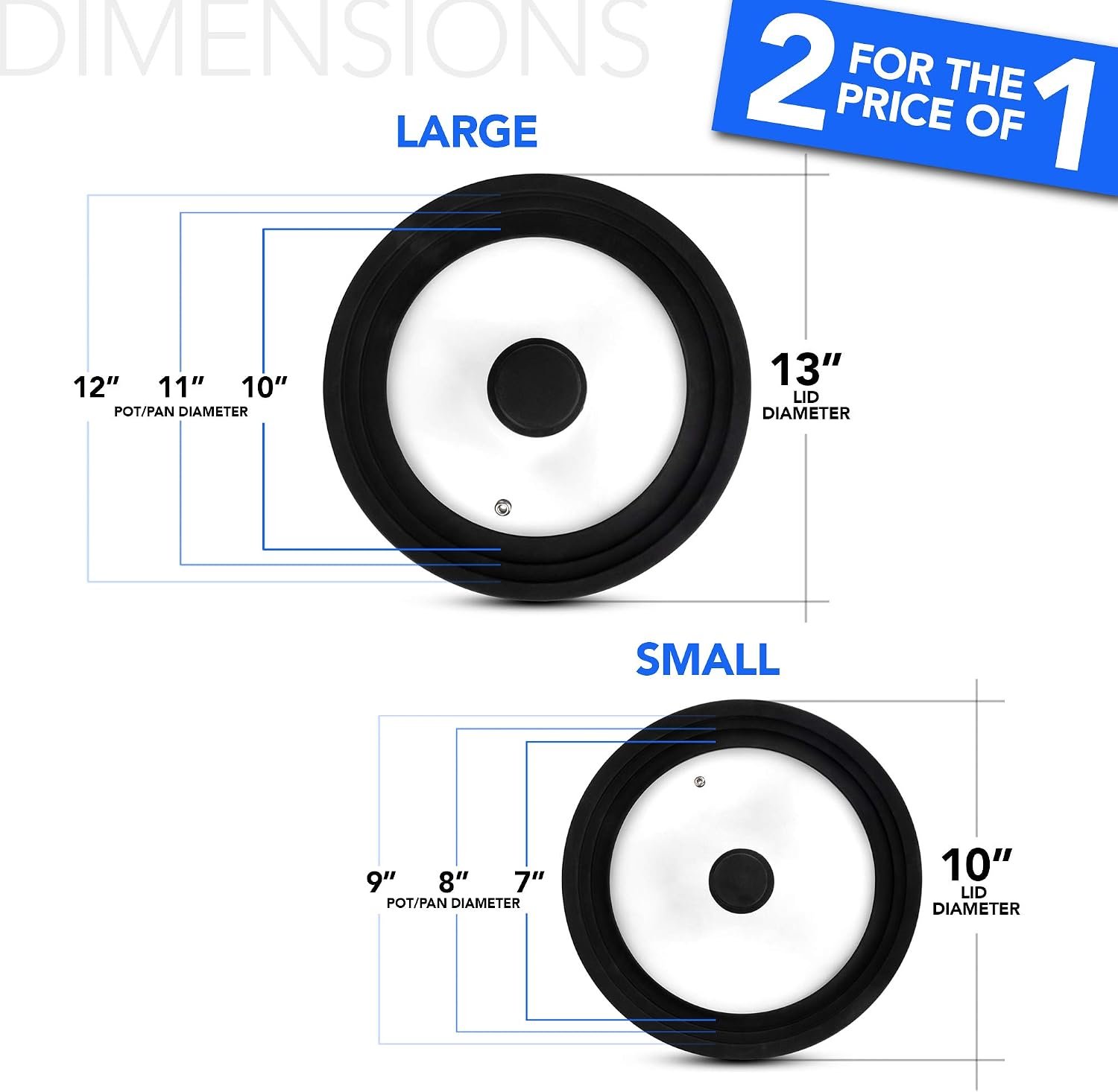 Universal Lids (Set of 2) Fits 7 to 12-Inch Cookware, Silicone Replacement Pan Lid, Glass Top Covers for Skillets, Pots, Frying Pans, Cast Iron, - Black