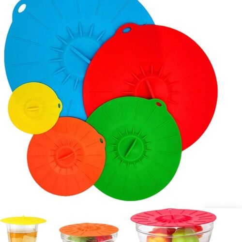Reusable Silicone Food Lids 5 Pack, Airtight Suction Seal Covers, BPA-Free Heat Resistant Silicone Pot & Pan Lids, Fits Most Containers, Microwave & Dishwasher Safe