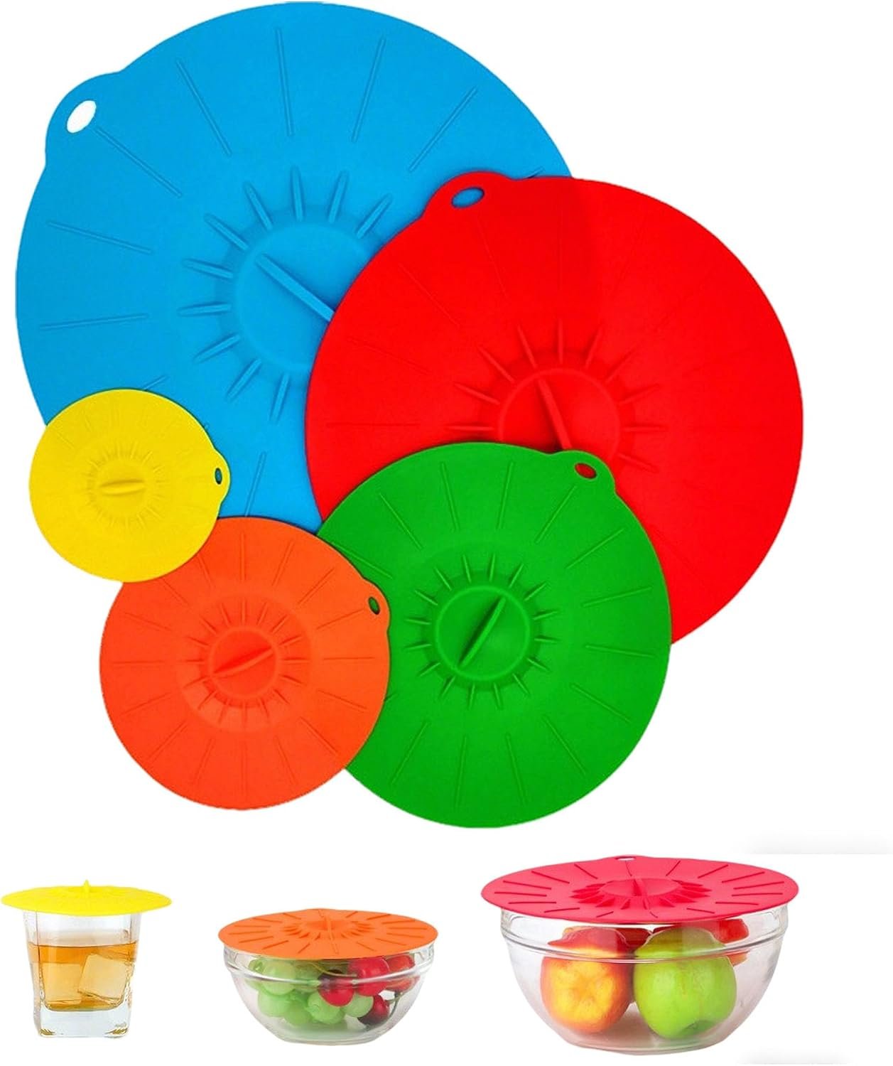Reusable Silicone Food Lids 5 Pack, Airtight Suction Seal Covers, BPA-Free Heat Resistant Silicone Pot & Pan Lids, Fits Most Containers, Microwave & Dishwasher Safe